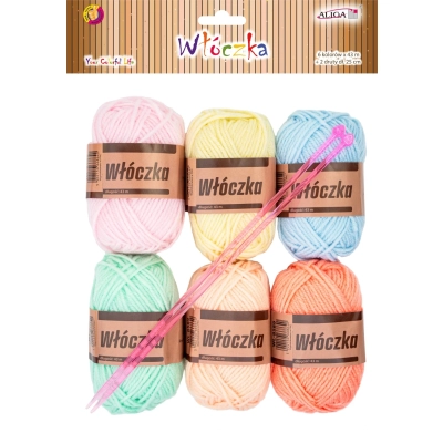 Włóczka pastelowa 6 sztuk 43m mix kolorów pastelowych + 2 szt drutów 25cm