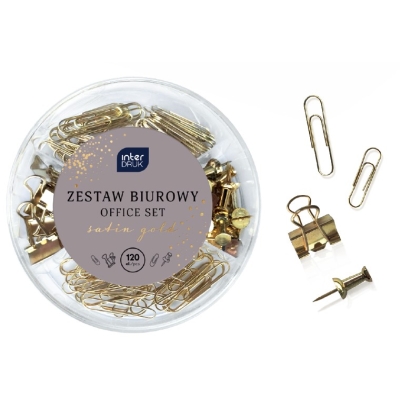 Zestaw biurowy satin gold złoty klipy spinacze pinezki